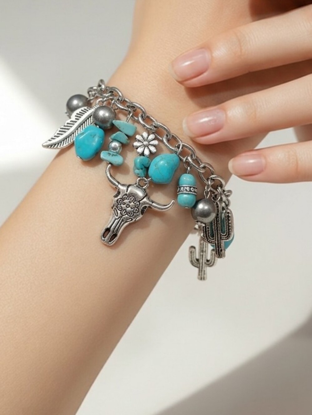 Turquoise Longhorn Western Charm Bracelet Beaded Cowgirl Cactus Feather Bohemian